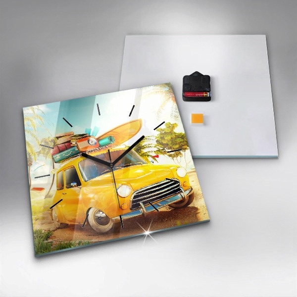 Square wall clock Car with surfboard
