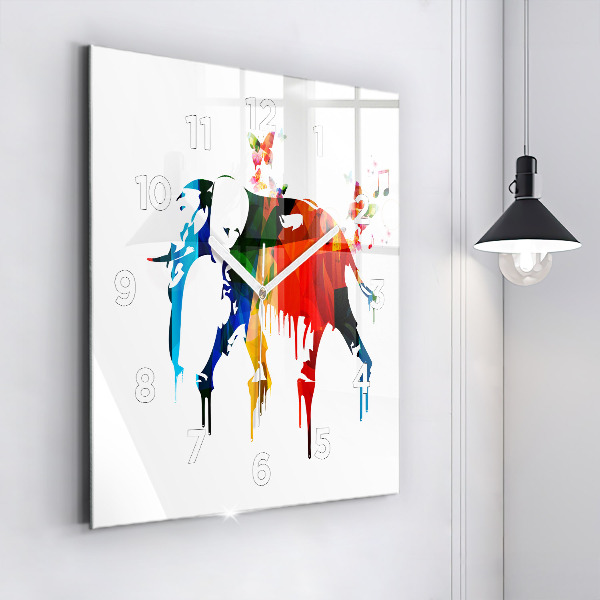 Square wall clock Colorful painted elephant