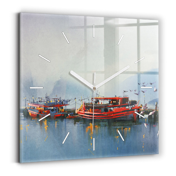 Square wall clock Fishing boat in port
