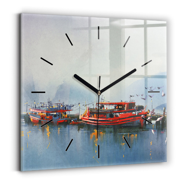 Square wall clock Fishing boat in port