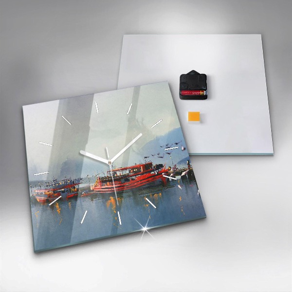Square wall clock Fishing boat in port