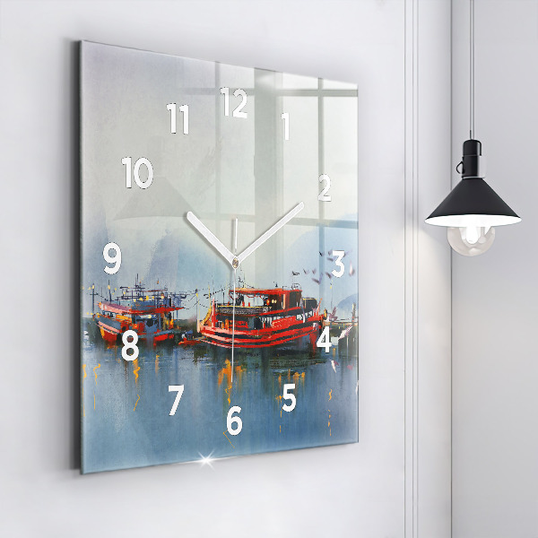 Square wall clock Fishing boat in port
