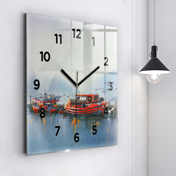 Square wall clock Fishing boat in port