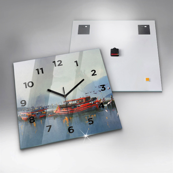 Square wall clock Fishing boat in port