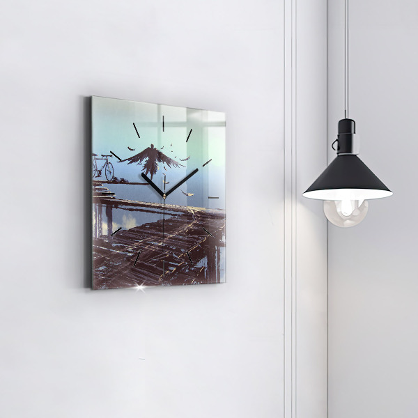 Square wall clock Angel, Bridge and Bicycle