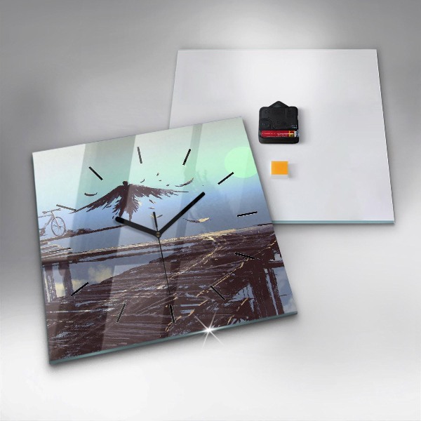 Square wall clock Angel, Bridge and Bicycle