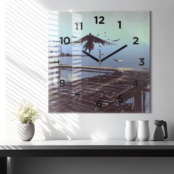 Square wall clock Angel, Bridge and Bicycle