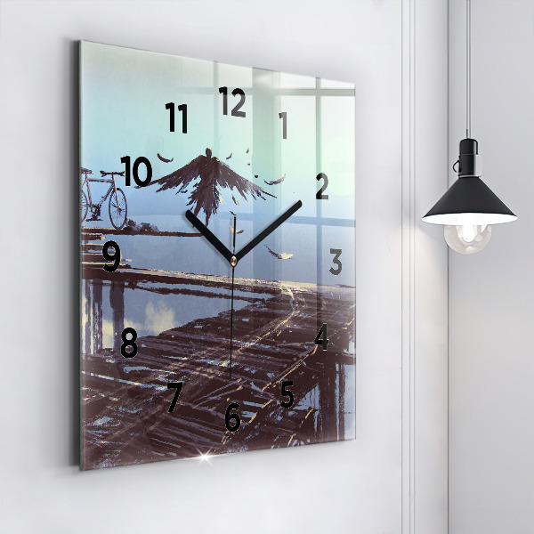 Square wall clock Angel, Bridge and Bicycle