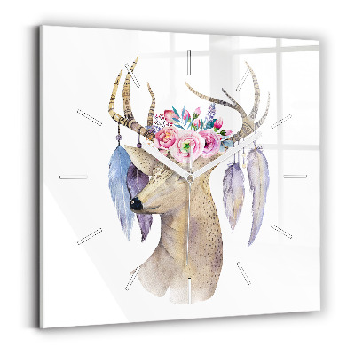 Square wall clock Deer head and flowers