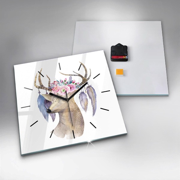 Square wall clock Deer head and flowers