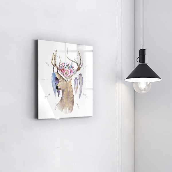 Square wall clock Deer head and flowers