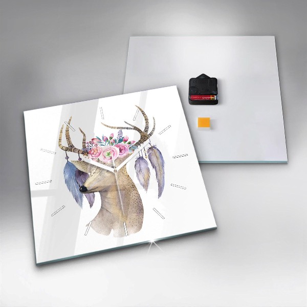 Square wall clock Deer head and flowers