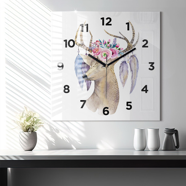 Square wall clock Deer head and flowers