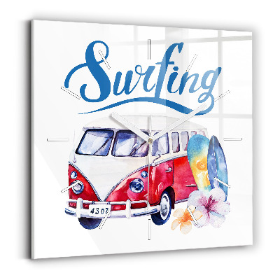 Square wall clock Car and Surfing sign