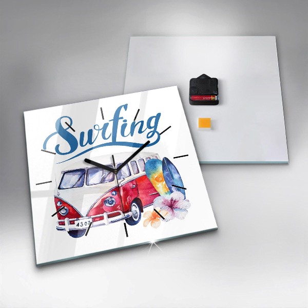 Square wall clock Car and Surfing sign