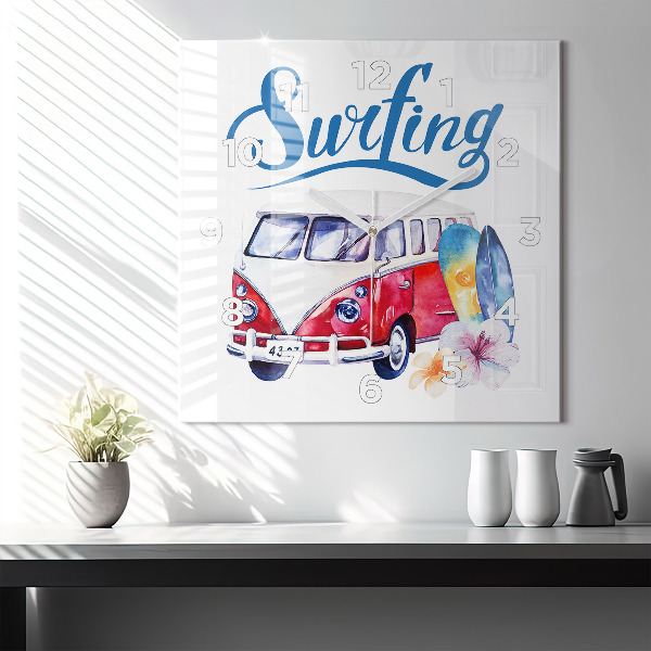 Square wall clock Car and Surfing sign