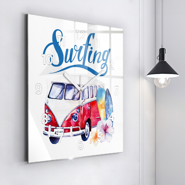 Square wall clock Car and Surfing sign