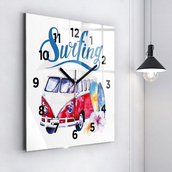 Square wall clock Car and Surfing sign