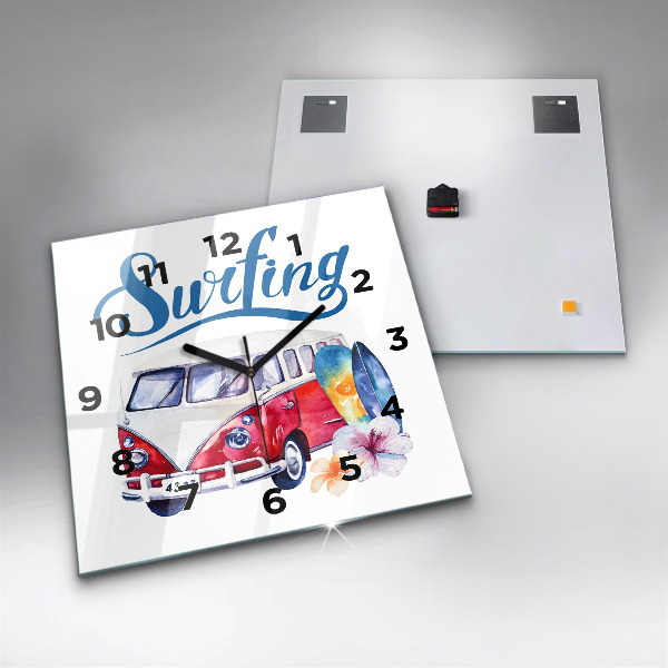 Square wall clock Car and Surfing sign