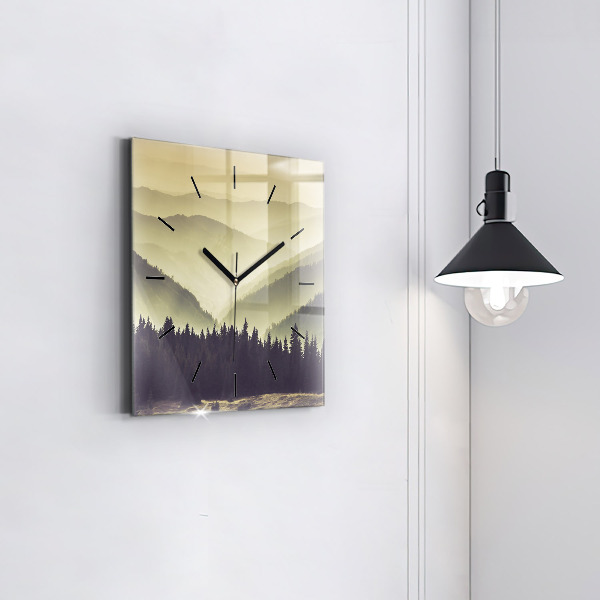 Square wall clock Misty mountain slopes