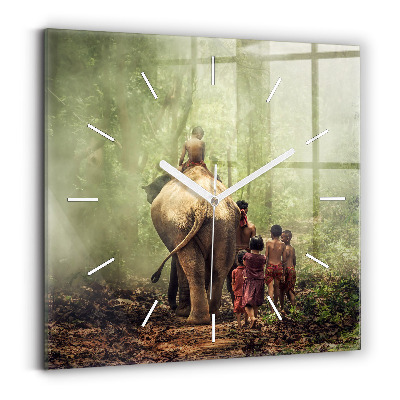 Square wall clock Children leading an elephant