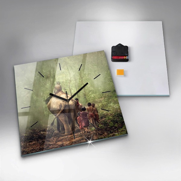 Square wall clock Children leading an elephant