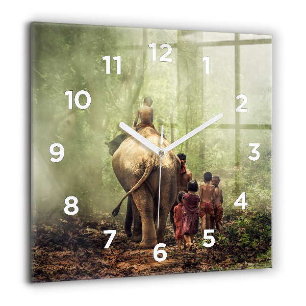 Square wall clock Children leading an elephant