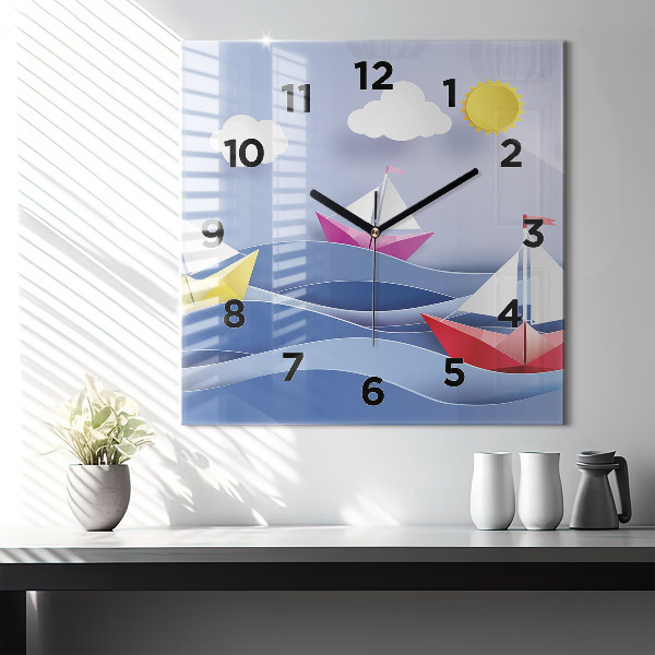 Square wall clock Origami colorful sailboats