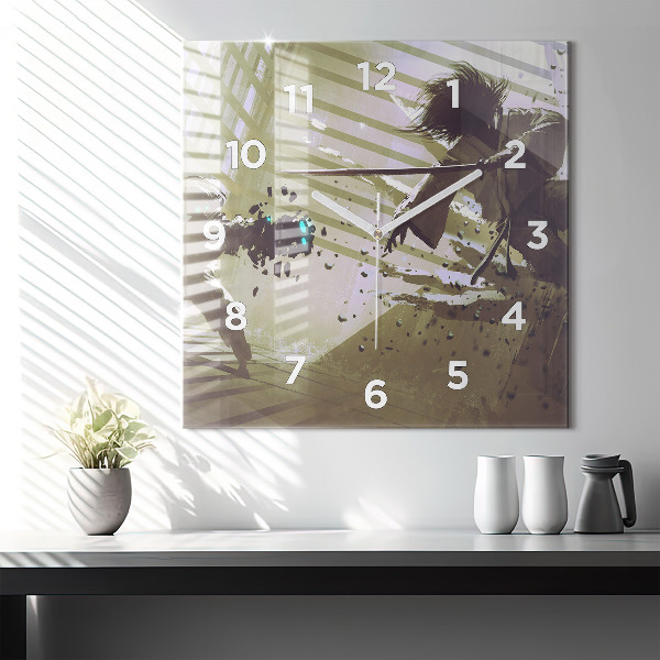 Square wall clock Robot vs Samurai Fight