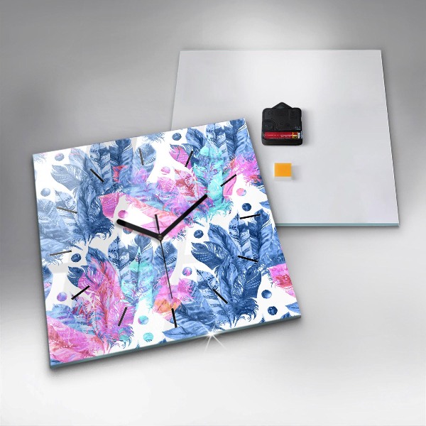 Square wall clock Colorful feathers