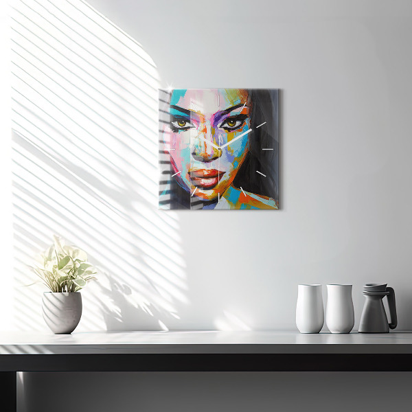 Square wall clock Colorful woman's face