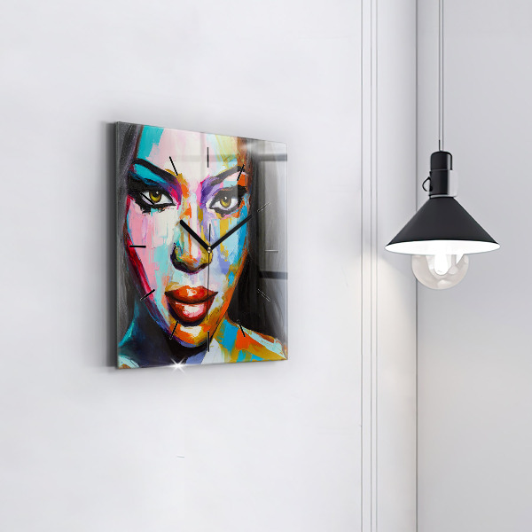 Square wall clock Colorful woman's face
