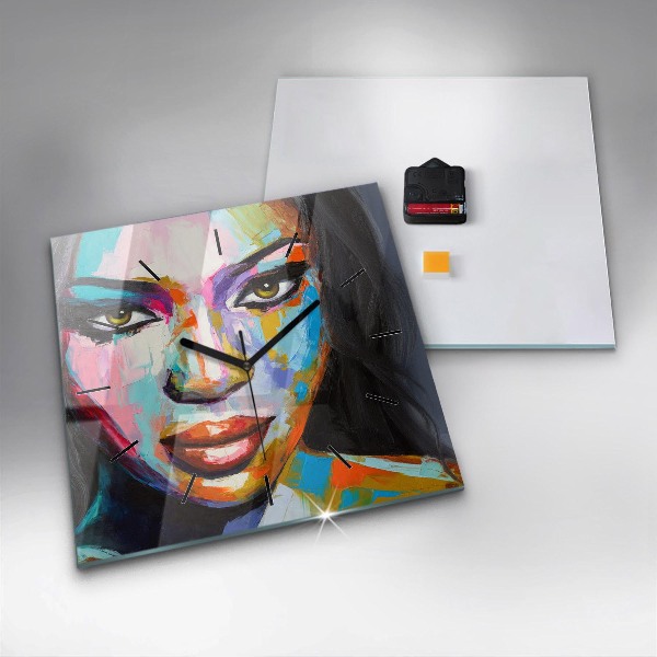 Square wall clock Colorful woman's face