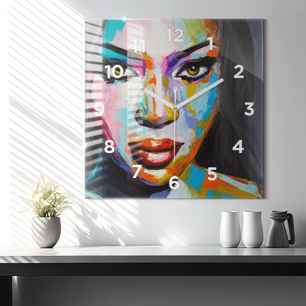 Square wall clock Colorful woman's face