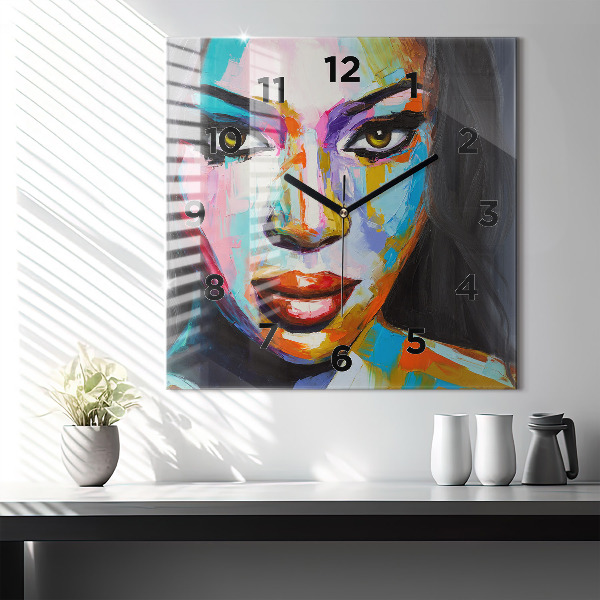 Square wall clock Colorful woman's face