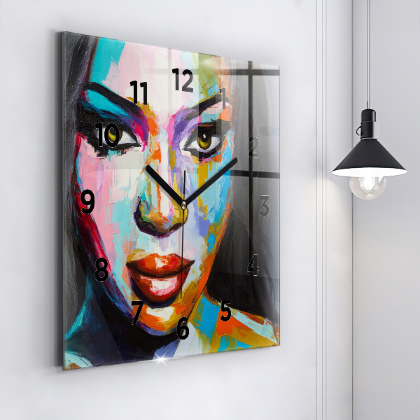 Square wall clock Colorful woman's face