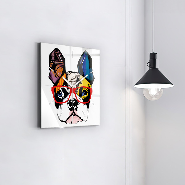 Square wall clock French bulldog with glasses