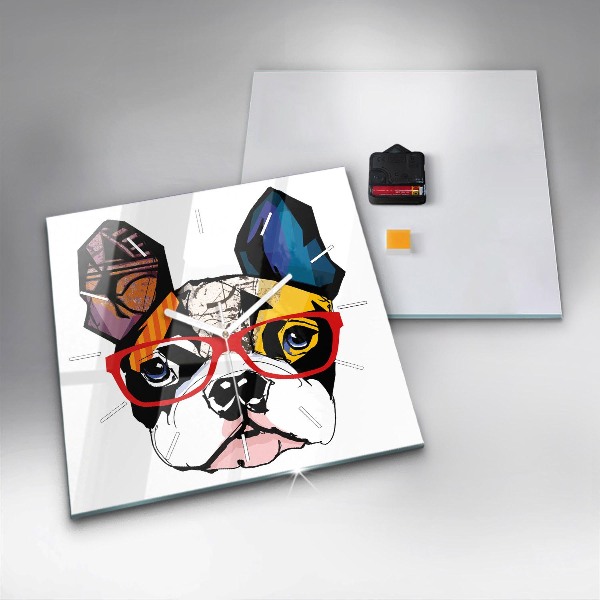 Square wall clock French bulldog with glasses