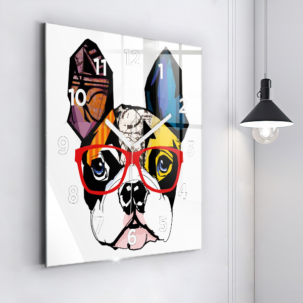 Square wall clock French bulldog with glasses