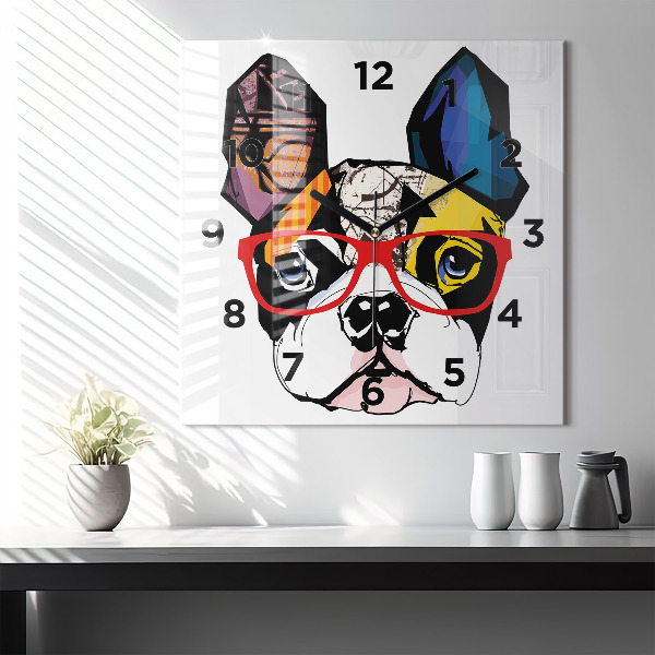 Square wall clock French bulldog with glasses