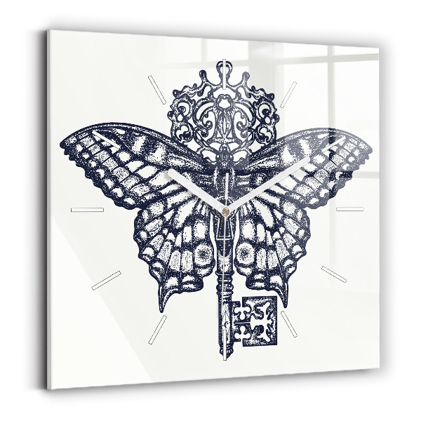 Square wall clock Butterfly and key - boho style