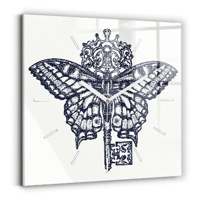 Square wall clock Butterfly and key - boho style