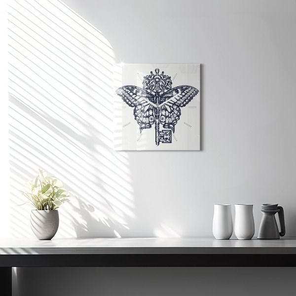 Square wall clock Butterfly and key - boho style