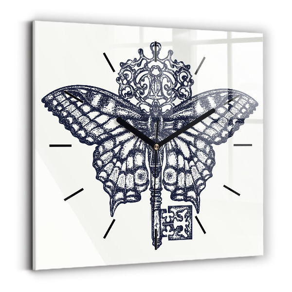 Square wall clock Butterfly and key - boho style
