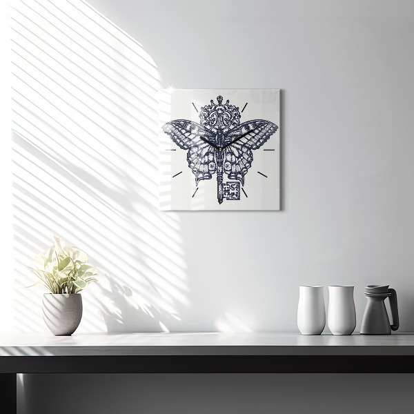 Square wall clock Butterfly and key - boho style