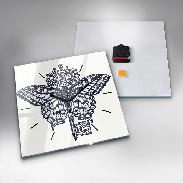 Square wall clock Butterfly and key - boho style