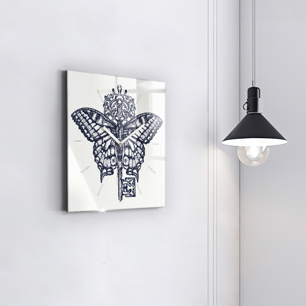 Square wall clock Butterfly and key - boho style