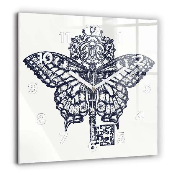 Square wall clock Butterfly and key - boho style