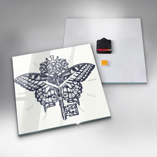 Square wall clock Butterfly and key - boho style