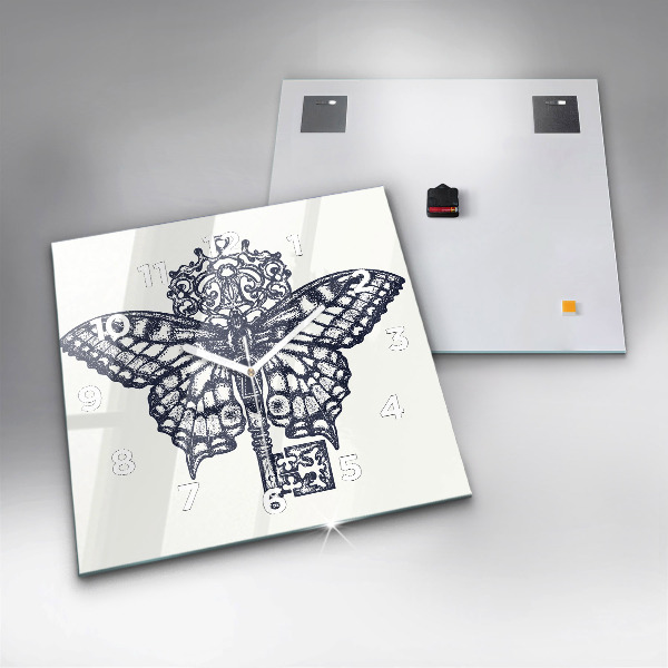 Square wall clock Butterfly and key - boho style